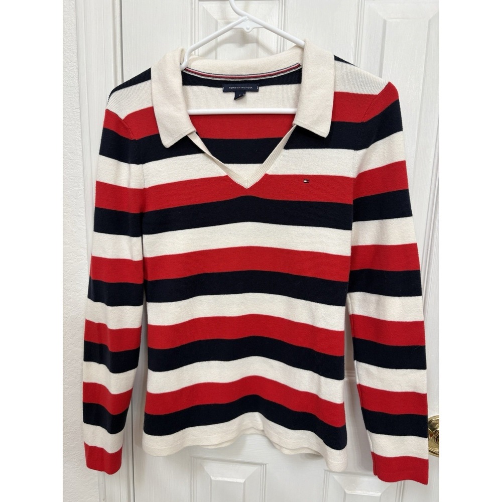Tommy Hilfiger Ladies Sweater Size M Blue Red‎ White Striped Cable Knit Collar